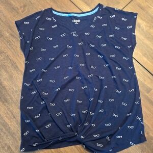 IZOD Womens Navy Blue Eyeglasses Print V-Neck Front Twist Knot Top Size M